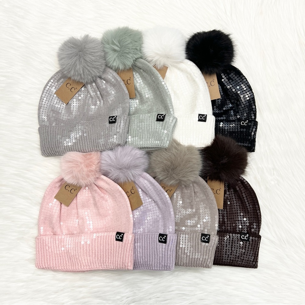 C.C Clear Sequin Sparkly Pom Beanie Adults, C.C Winter Hat, C.C Winter Beanie